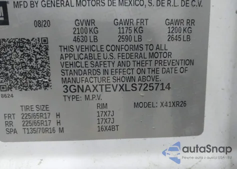 2020 Chevrolet Equinox Awd 2Fl z USA, uszkodzony, nr VIN 3GNAXTEVXLS725714